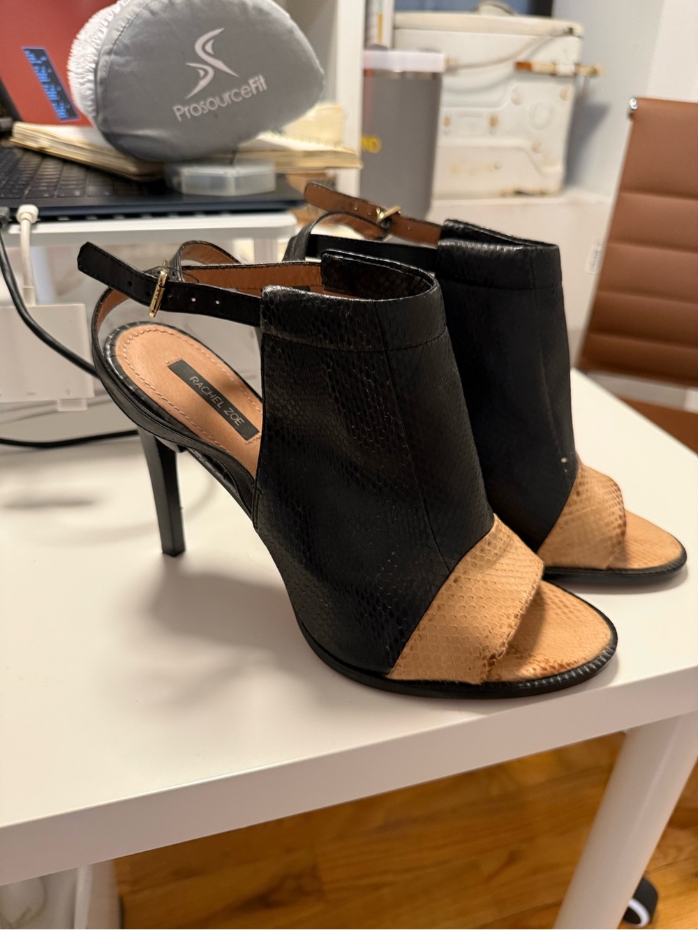 Rachel Zoe Black and Tan Peep-Toe Slingback Heels with Textured Toe